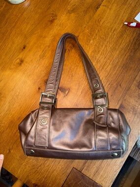 Brown Perlina Leather Shoulder Bag with silver Hardware